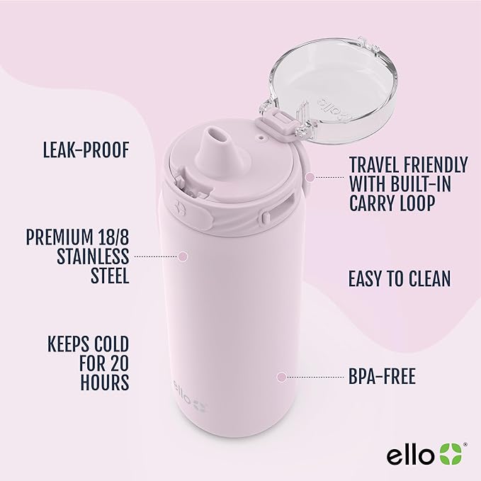 Ello Cooper 40oz Stainless Steel Water Bottle with Straw and Carry Handle, Double Walled and Vacuum Insulated Metal, Leak Proof Locking Lid with Soft Silicone Spout, Reusable, BPA Free, Cashmere Pink