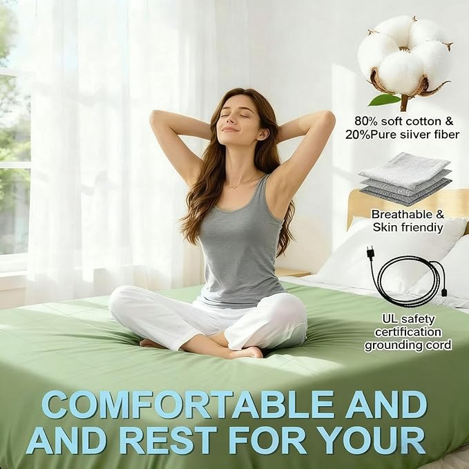 Grounding Sheets Queen Size, 20% Pure Silver Fiber + 80% Organic Cotton, Grounded Sheet Earth Connected Bedding Fitted Earth Sheets with Grounding Cord