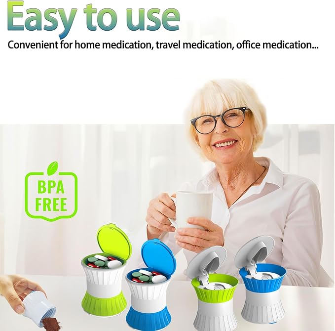 Pill Crusher Cutter Splitter for Large and Tiny Pills 3-in-1, Pill Grinder with Small Medicine Pill Organizer,Pill Crusher Fine Powder,Portable Travel Sized(Green)