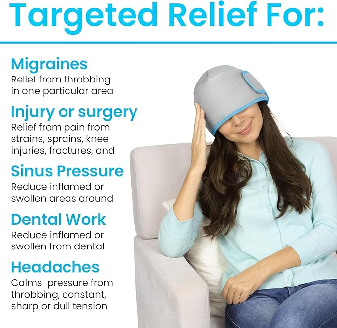 Vive Migraine Relief Cap - Hot & Cold Compression Hat for Headache - Full Head Ice Wrap Beanie & Eye Mask for Tension & Pressure Relief - Cooling Headband - Reusable & Flexible Soft Gel Packs
