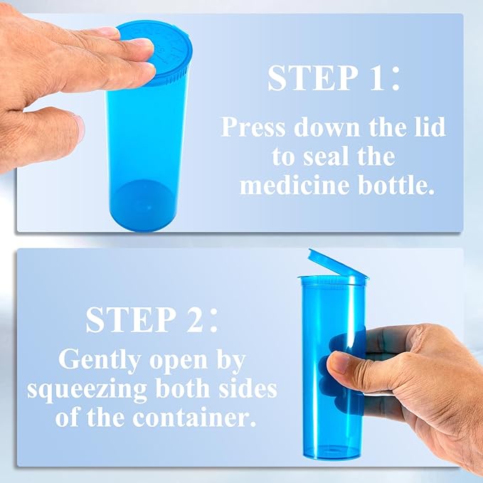 8Pcs Child-Resistant 60 Dram Pop-Top Vial with Hinged Lid Airtight Plastic Empty Pill Bottles,Travel Pill Bottle for Supplements, Vitamins & Medicines(Blue Transparent)