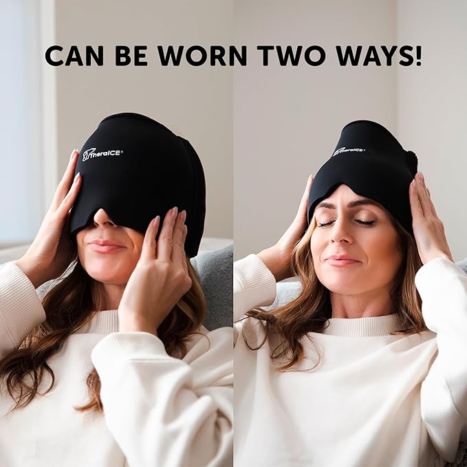 TheraICE Migraine Headache Relief Cap, Hot & Cold Therapy Hat, Migraine Relief Cap, Cool Gel Head Wrap, Headache Cap Ice Pack Mask + TheraICE Cooling Gel Relief Sleep Mask