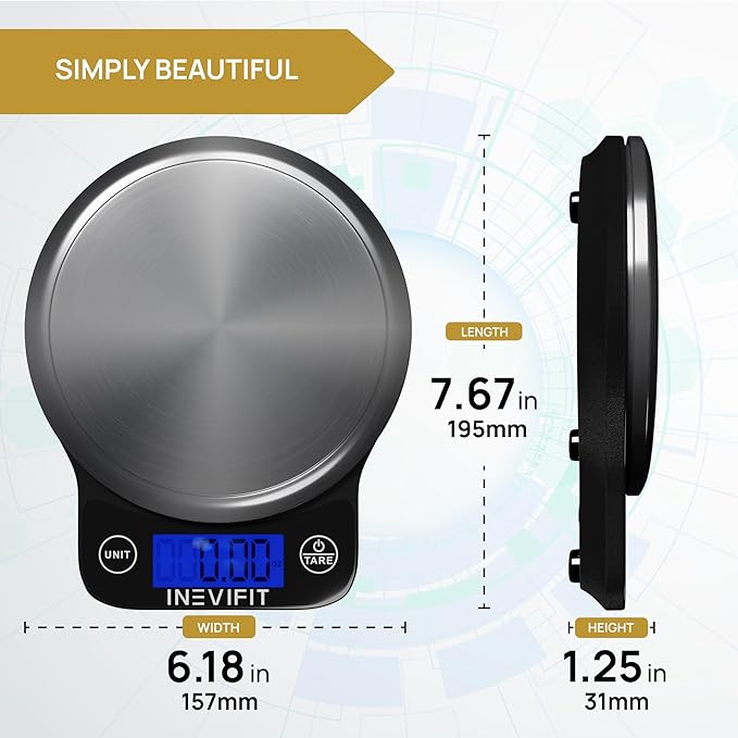 INEVIFIT Digital Kitchen Scale, Highly Accurate Multifunction Food Scale 13 lbs 6kgs Max, Clean Modern Black with Premium Stainless Steel Finish. Includes Batteries