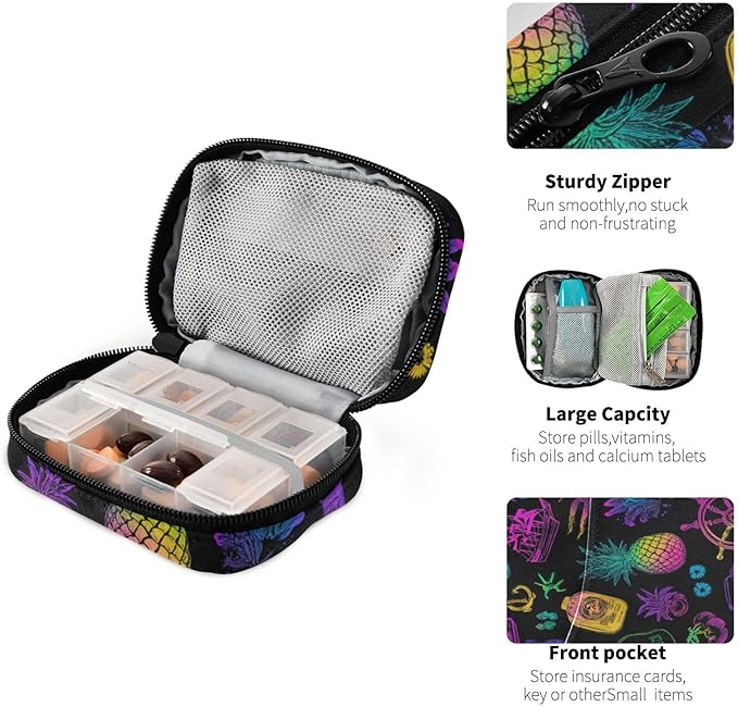 Neon Ships Pineapple Skull Black Travel Pill Organizer Case Box Container Weekly Portable Vitamin Medicine Holder Storage Bag with Zipper Removable