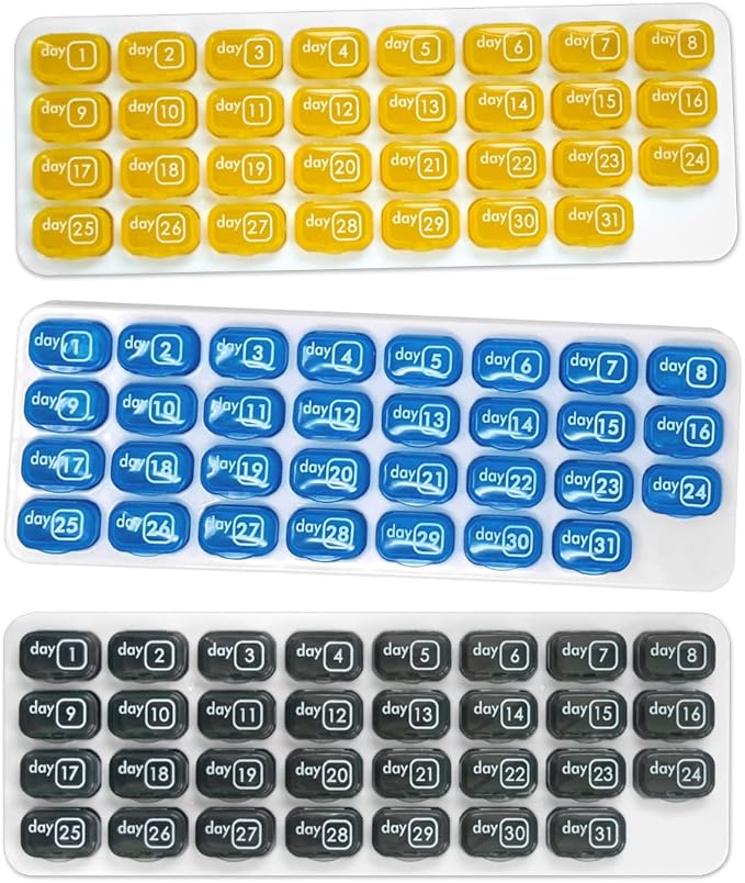 31 Day Monthly 3X a Day Pill Organizer with Daily Removable Pods (3 Pack, Yellow, Blue & Grey)