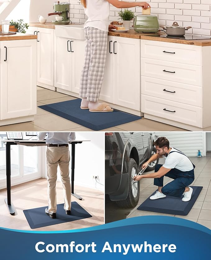 Ophanie Kitchen Mats for Floor, 3/4 inch Thick, 17x24 Anti Fatigue Cushioned Mat, Kitchen Rugs, Waterproof, Comfort Ergonomic Standing Mat for Office, Home, Sink, Blue Non-Slip Ridged Bottom