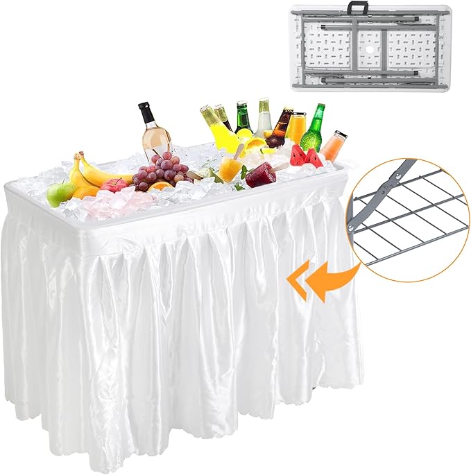 Allpop 4 Foot Folding Ice Cooler Table with Matching Skirt, Portable Patio Table with Grid Rack & Drain Hose for Party Bar Picnic BBQ Camping Wedding, White