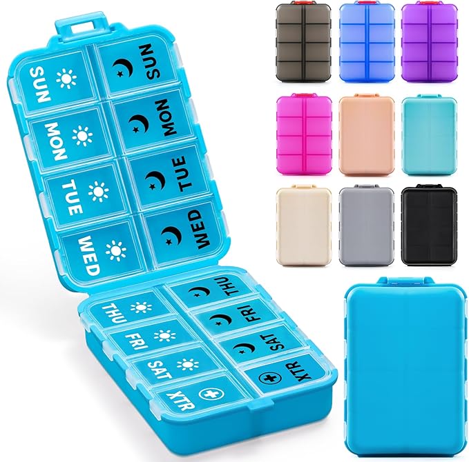 Foldable Weekly Pill Organizer 2 Times a Day with 2 Extra Compartments (Clear Printed Labels) - Portable 7 Day AM PM Medicine Box, Week Daily Travel Pill Case Holder for Vitamin, Supplement - Blue