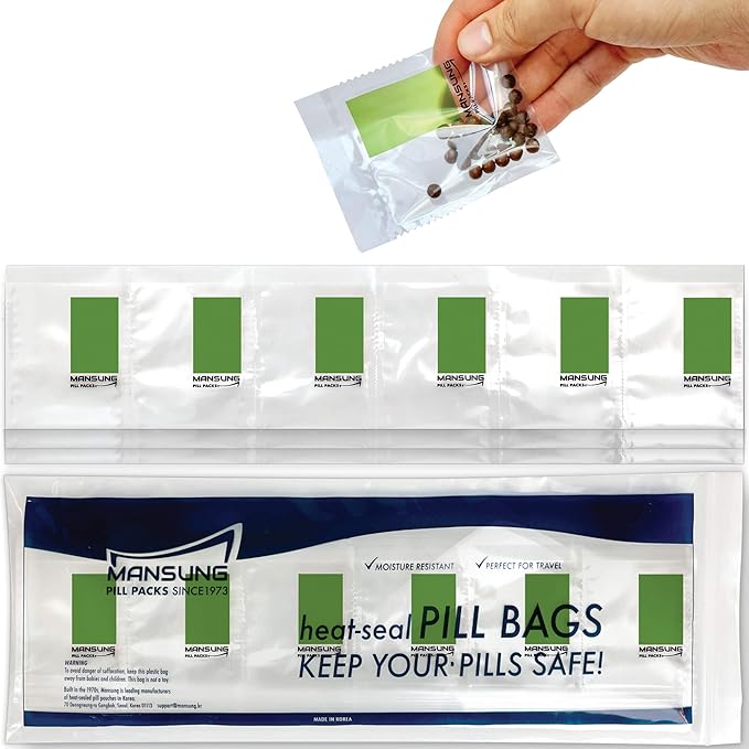 Mansung M 600 Bags/Green, Heat Seal Pill Bags, Suite, Sorter Organizer for Medication, Food Safe, BPA Free Heat Seal Bag pouche Pack Organizer Dispenser kit Daily Blister Packs Use with Tray, AM PM