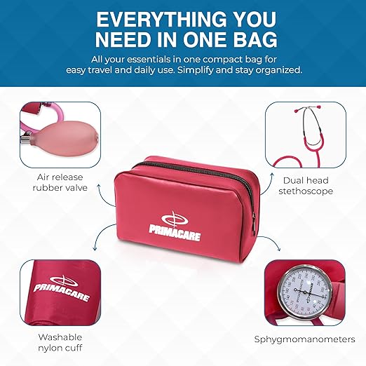 PrimaCare Medical DS-9197-PK Professional Classic Series Manual Adult Size Blood Pressure Kit, Emergency Bp kit with Stethoscope and Portable Leatherette Case, Nylon Cuff, Pink