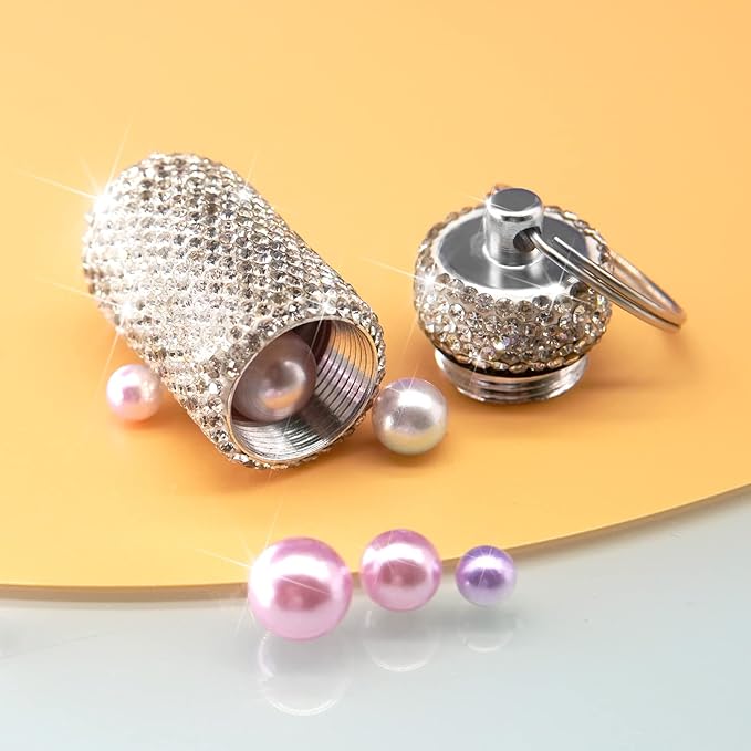 Yuchew Bling Pill Case Pill Container Rhinestone Pill Box Portable Waterproof Pocket Pill Holder Storage Bottle with Keychain for Travel, Outdoor, Camping (Silver)