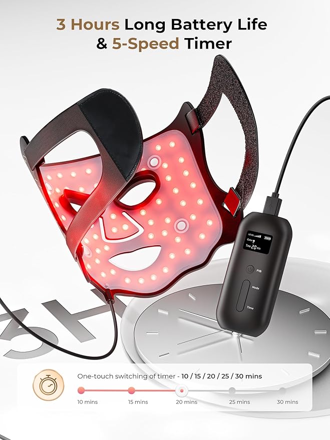 LED Light Therapy mask (E106A) for Face, LED Light Therapy Mask with Adjustable Brightness and Timer, Soft Silicone Red Light Therapy Mask for Home & Travel, Black