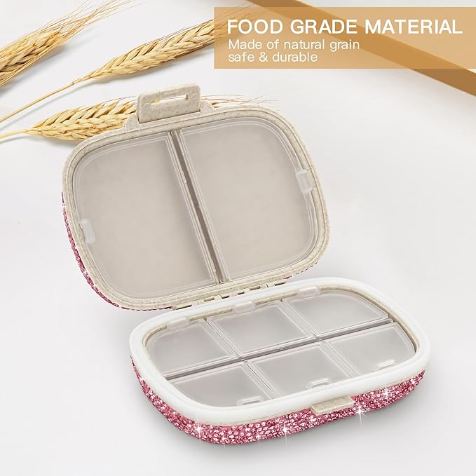 Soleebee Portable 8 Compartments Daily Pill Organizer, Bling Crystal Diamond Pill Box, Small Travel Pill Case, Pill Dispenser, Medicine Container Organizer to Hold Vitamin, Fish Oil (Pink)