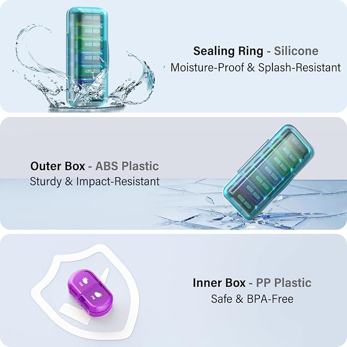Weekly Pill Organizer 2 Times a Day, Moisture-Proof, Detachable Compartments, AM PM Pill Box 2X 7 Day, Travel Pill Organizer for Pills/Fish Oil/Medication/Vitamin/Supplements (Blue + Colorful)