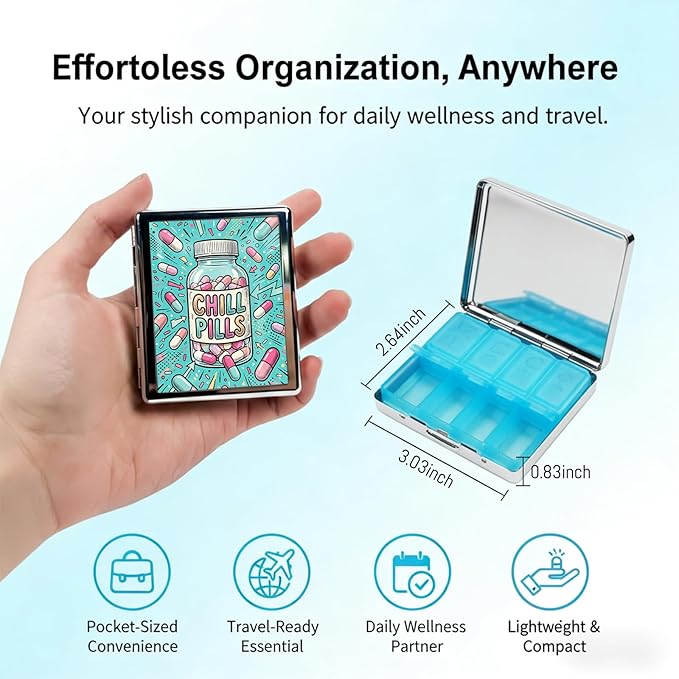 Metal 7 Day Pill Organizer, Cute Small Weekly Pill Case with 8 Compartments for Travel, Moisture-Proof Medicine Holder for Purse, Compact Daily Vitamin Box (Chill Pills)