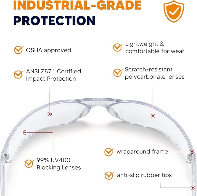 24 Pack Clear Safety Glasses, Protective Eyewear UV Protection & ANSI Z87.1, Safety Goggles Scratch & Impact Resistant Eye Protection for Men & Women - Ideal for Construction, Shooting, Lab Work