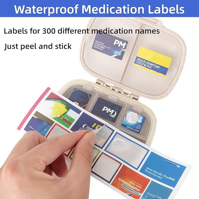 Pill Organizer with Labels Bling Pocket Pill Case with Stickers Travel Medicine Kit Holder Small Purse Pill Box Container Portable Mini Medication Storage (White & 300 Labels)