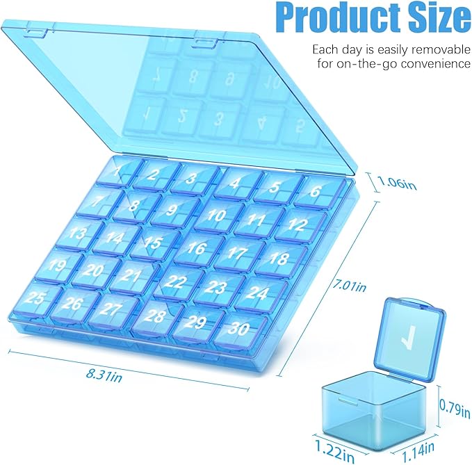 Monthly Pill Organizer Once a Day - 30 Day Pill Organizer Box - Squeeze to Open - Large Compartments Portable Case for Travel, Month Pill Cases Medicine Organizer for Vitamin (Blue)