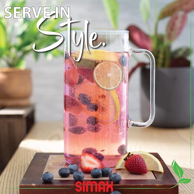 Simax Glass Pitcher, 32 Ounce (1 Quart) Borosilicate Glass, Hot and Cold Safe Iced Tea Pitchers for Drinks, Made in Europe Glass Water Pitcher, Cocktail Jug, Lemonade, Sangria