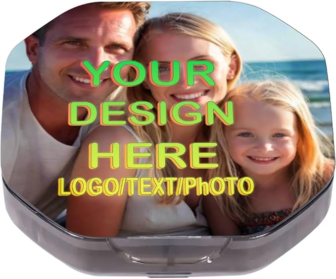 Customizable Portable 4-Compartment Pillbox, Printed with Your Photo, Text, and Logo. It can be Placed in Your Pocket or Wallet to Store Vitamins, Medicines/Health Supplements/Other medications.