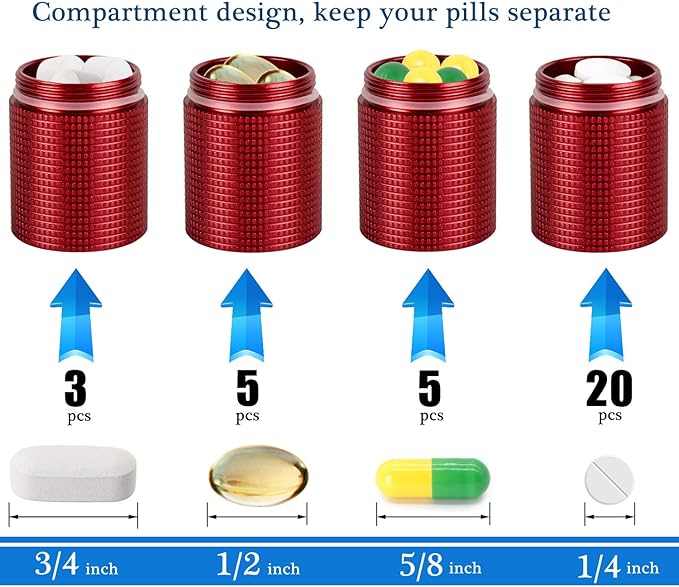 PPFISH 2 PCS Portable Daily Pill Case, 3 Compartments Aluminum Alloy Waterproof Pill Box Dispenser, Small Pocket Pill Container, Keychain Pill Fob, Travel Pill Holder for Men Women