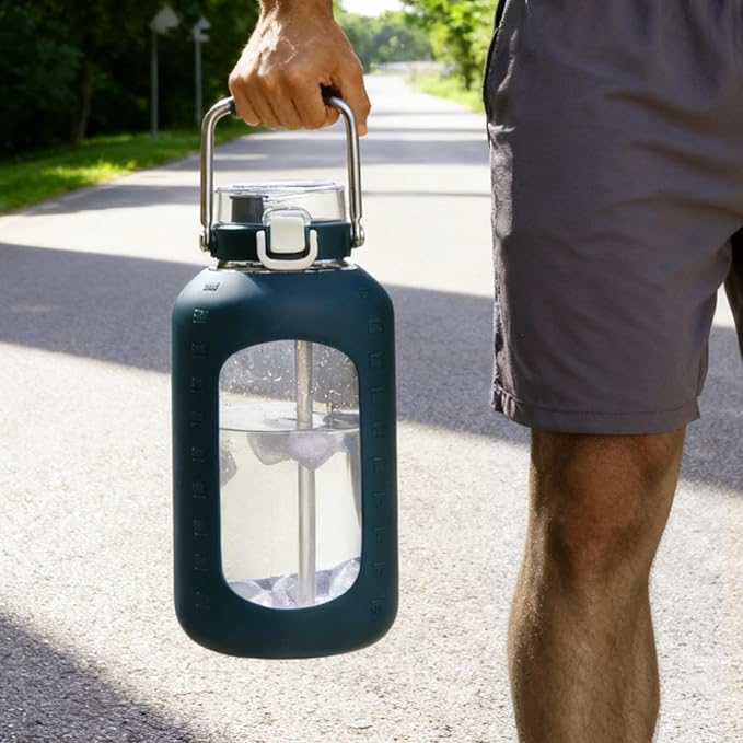 BLUEGO 100 oz Glass Water Bottle with Straw, Huge 3 Liter Water Bottle with Sturdy Handle, Glass Water Jug with Sleeve, Wide Mouth Water Container with Time Marker, Dark Blue