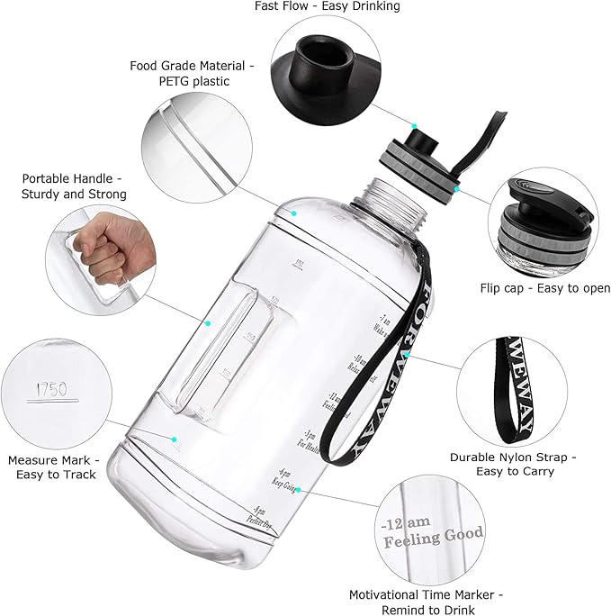 Half Gallon Water Bottle with Handle 2.2L/74OZ Large Plastic Water Bottles BPA Free Water Bottles with Strap Portable with Time Marker for Camping, Hiking and Home Activity