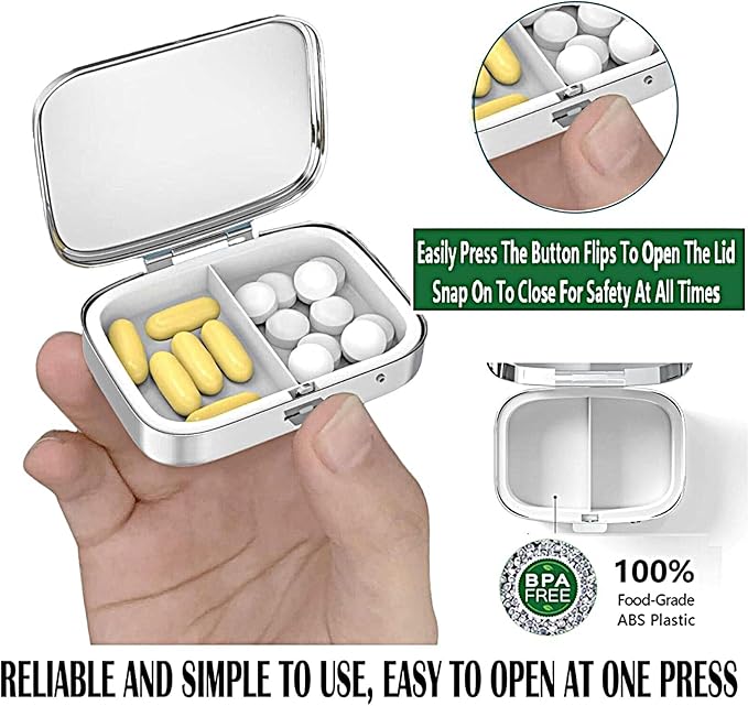 ABLESKY Pill Box, 2 Compartment Pill Organizer Case for Pocket or Purse, Small Portable Metal Travel Medicine Box with Mirror, Daily Vitamins Fish Oil Container-Vintage Reading Cat