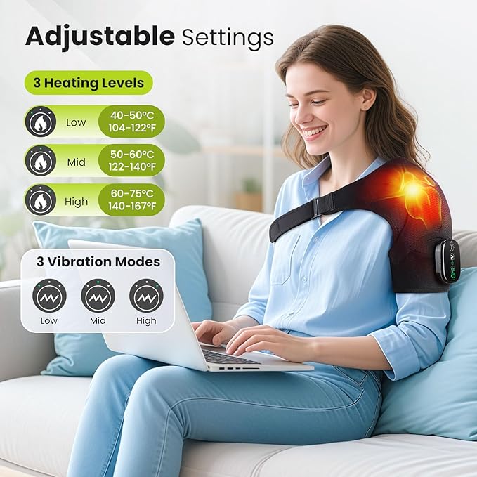 Cordless Shoulder Heating Pad with Vibration for Rotator Cuff Pain Relief, Heated Shoulder Massage Pad, Rotator Cuff Support Brace with 3 Heating Levels &3 Vibration (Black)