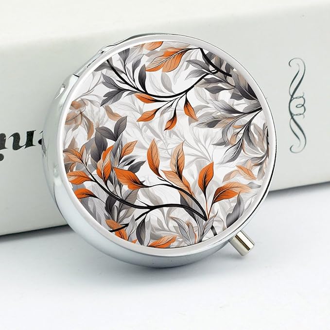Orange and Gray Leaves Pill Box Travel Pill Case for Purse Pocket Weekly Medicine Organizer with Mirror 3 Compartment Round Medicine Case Portable PillcaseHolder for Daily