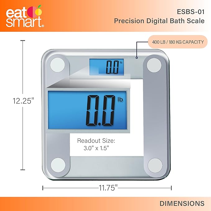 Eat Smart Digital Bathroom Scale with Extra Large Easy to Read Lighted Display, Weight Tracking, Includes Body Tape, Grey and Clear