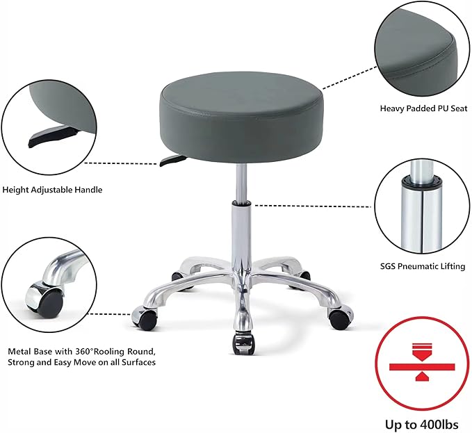 Comfy Memory Foam Heavy Duty Rolling Stool,Adjustable Chair with Wheels for Doctor,Shop,Nail Tech,Potters,Medical,Massage,Artist,Tattoo,Studio,Office,Pedicure(Gray)