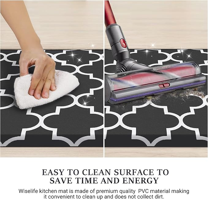WISELIFE Kitchen Mat Cushioned Anti-Fatigue Kitchen Rug,17.3"x 60",Non Slip Waterproof Kitchen Mats and Rugs Heavy Duty PVC Ergonomic Comfort Mat for Kitchen, Floor Home, Office, Sink, Laundry,Black