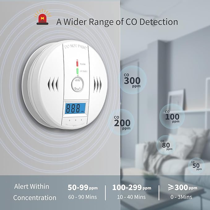 Carbon Monoxide Detectors, CO Detector Battery Powered, Carbon Monoxide Alarm with Sensitive CO Sensor, LCD Display and Sound Warning for Home, Bedroom, Kitchen