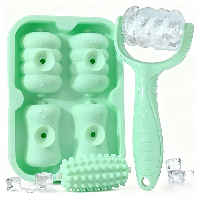 Ice Roller for Face, Reusable Facial Ice Roller for Eyes, Face, and Neck, 2 in 1 Massage Roller with Ice Face Mold and Silicone Textured Roller Head for Skin Care and Puffiness & Pain Relief, Green
