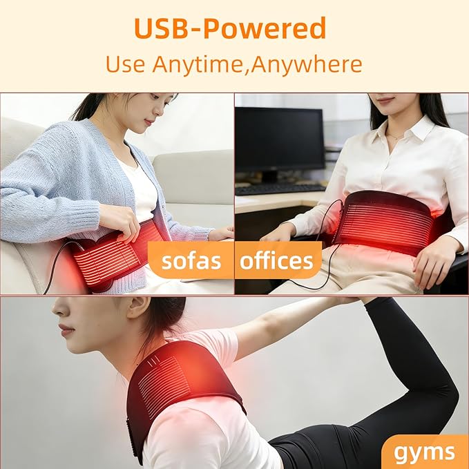 Red Light Therapy Belt 80 Beads, Infrared Heating Belt, 660nm & 850nm, 5 Intensity Levels, Timer, USB Powered Waist Wrap for Back, Belly & Muscle Relief
