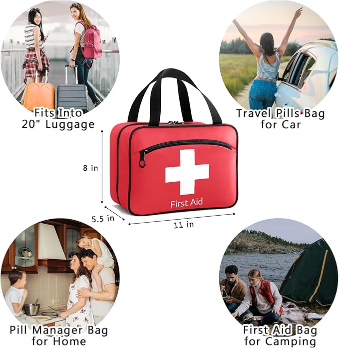 Naanle Pill Organizer Bag Travel Pill Bottle Medicine Organizer Home Storage Medication Bag for Vitamin Supplements, White Cross Red Empty First Aid Bag for Car Camping, 1.0 Count