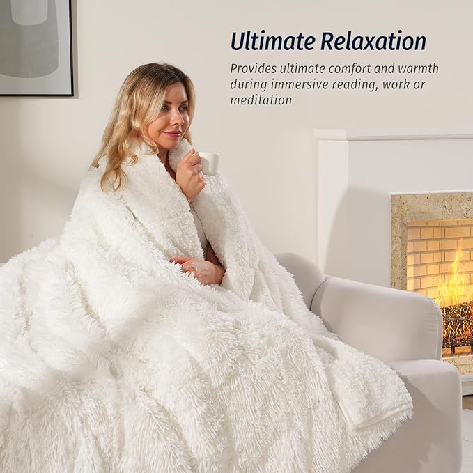 Wemore Shaggy Long Fur Faux Fur Weighted Blanket, Cozy and Fluffy Plush Sherpa Long Hair Blanket for Adult 15lbs, Fluffy Fuzzy Sherpa Reverse Heavy Blankets for Bed, Couch, Cream White, 60 x 80 Inches