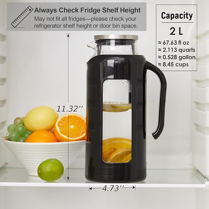 Delove Glass Pitcher with Lid & Shatterproof Shell – Heat-Resistant Borosilicate Glass Jug, 2 L/68 oz with Handle & Spout – Perfect for Iced Tea, Juice, Hot & Cold Water (Black)