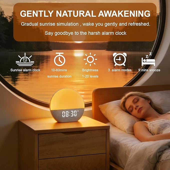 winshine Sunrise Alarm Clock with White Noise Sound Machine for Bedrooms,Sleep Sound Machine for Heavy Sleepers, with Wake Up Light,24 Sounds, FM Radio, Bluetooth Speaker, Night Light Clock for Adults