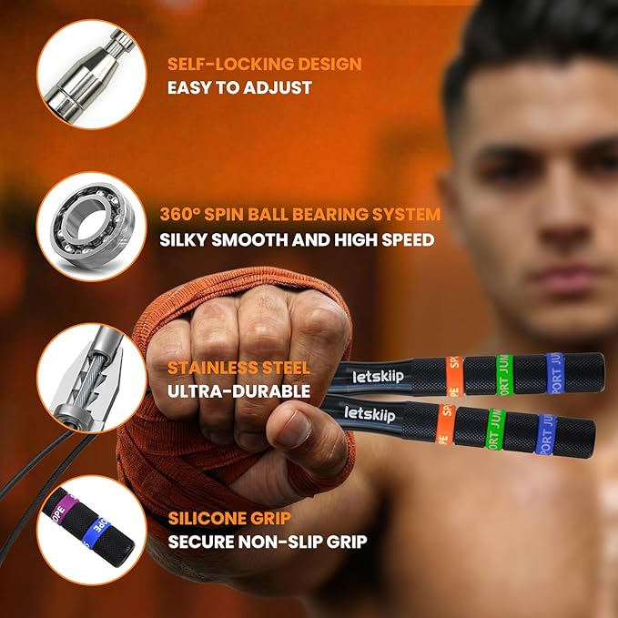 Speed Jump Rope for CrossFit & Boxing - Secure Self-Locking Adjustable Skipping Rope for Men & Women - Anti-Slip Aluminum Handles & Smooth Ball Bearings for Double Unders, HIIT, Home Gym (2 Cables Included)