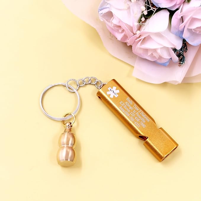 Engraved Brass Gourd Pill Storage Case Keychain with Attached Orange Emergency Whistle – Waterproof Medical Organizer with Type II Diabetes Alert, for Outdoor, Fitness, and Daily Use