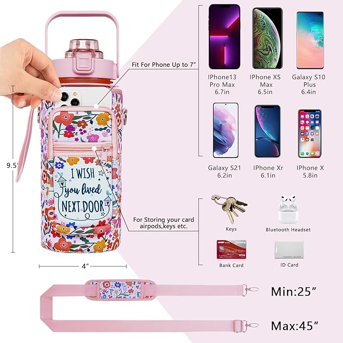 Best Friend Gift Women - Half Gallon Water Bottle with Sleeve - I Wish You Lived Next Door - Best Friend - BPA Free 64 OZ Water Bottle - with Time Marker Leakproof Water Jug