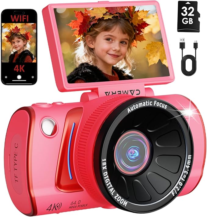 4K Digital Camera for Photography Autofocus,64MP WiFi Vlogging Camera with 3” 180° Flip Screen for YouTube,18X Zoom Travel Camera for Beginners,32GB Card & Rechargeable Battery (Pink)
