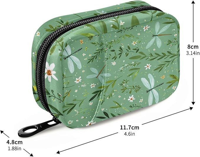 Pastoral Green Dragonflies Flowers Leaves Travel Pill Organizer Case Box Container Weekly Portable Vitamin Medicine Holder Storage Bag with Zipper Removable
