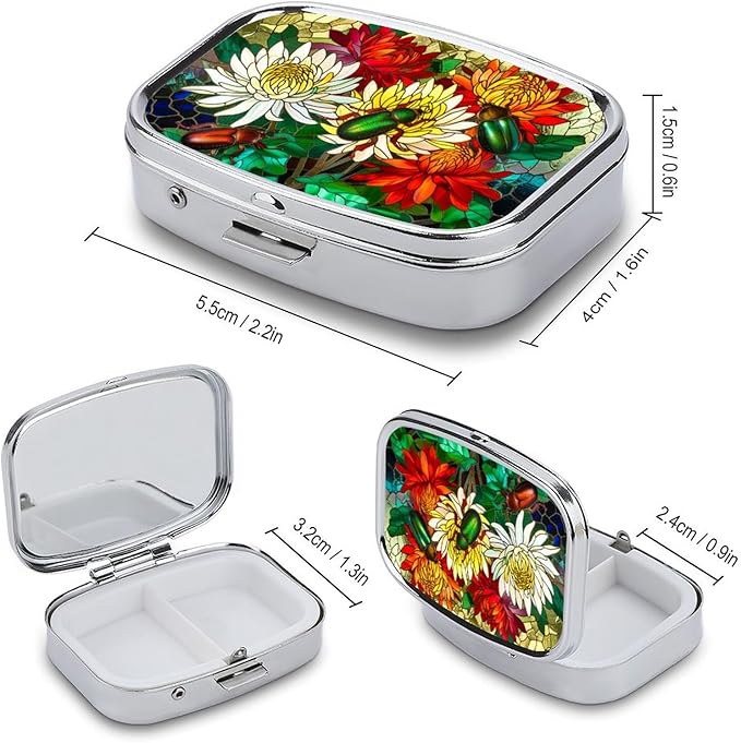 Beetles Scarabs and Flowers Pill Box 2 Compartment Floral Stainless Glass Portable Medicine Pill Case Travel Pill Organizer for Pocket Purse