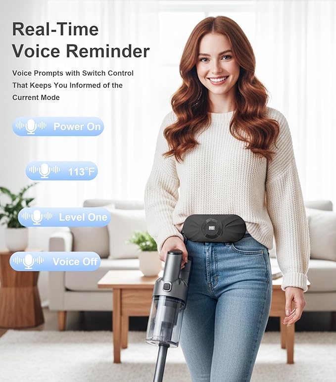 Portable Cordless Heating Pad for Period Cramps, Voice Reminder Menstrual Heating Pad with 6 Heat Levels and 6 Massage Modes, 3s Fast Heating, Gifts for Women Girls, Black