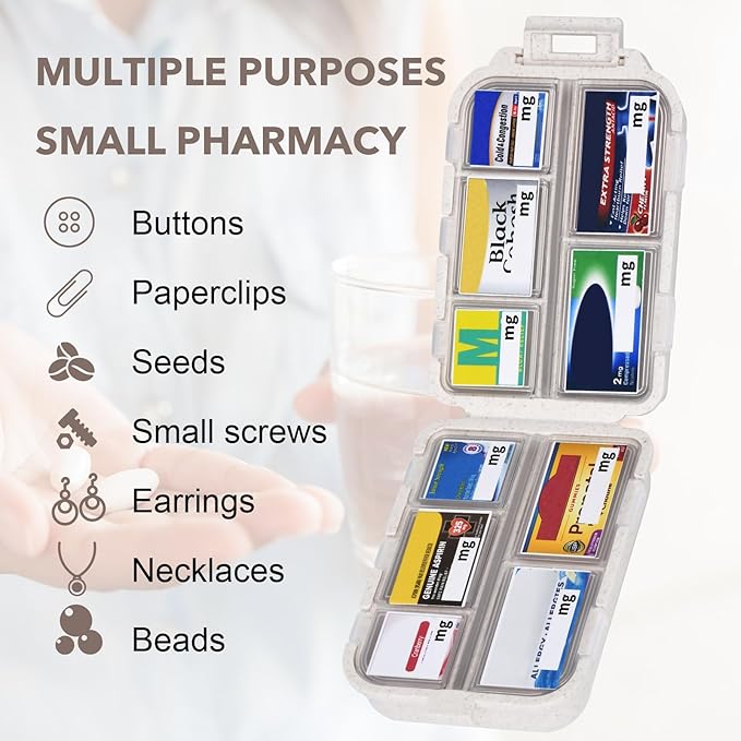 Large Travel Pill Organizer with Medicine Labels, Travel Pill Box Medicine Organizer Daily Pill Container 10 Compartments Pills Case (White, 189 Lables)