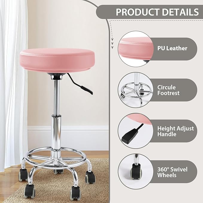 Adjustable Rolling Stool with Wheels - Ergonomic Salon & Tattoo Artist Chair, Office Stool with Comfortable PU Leather Seat,Pink