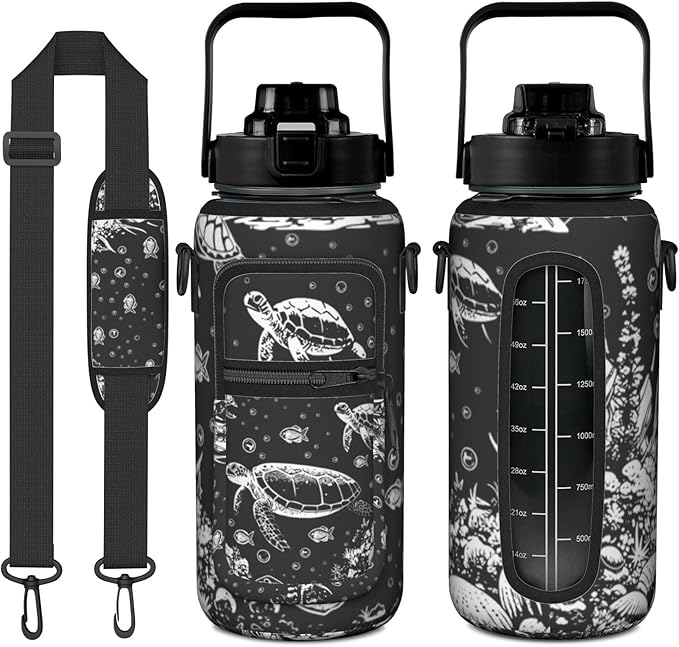 Sea Turtle Half Gallon Water Bottle with Sleeve 64 OZ -Flip Top Bpa Free - Motivational Time Marker Leakproof Water Jug - Sea Turtle Lover for Gifts Women Men